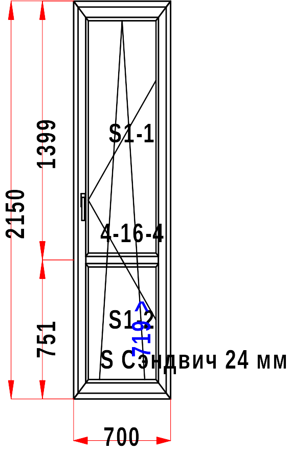 Балконный блок — чертёж с размерами 2150×700 мм